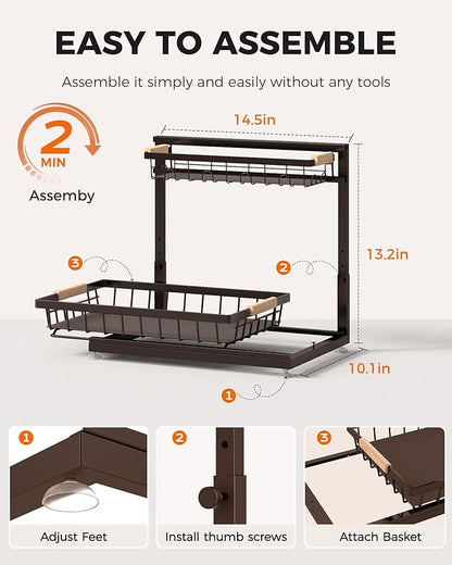 3 Pack Under Sink Organizer, Multi-Purpose 2 Tier Pull-Out Metal Under Kitchen Sink Organizer, Height Adjustable Storage Shelves for Kitchen Bathroom Cabinet (Brown)