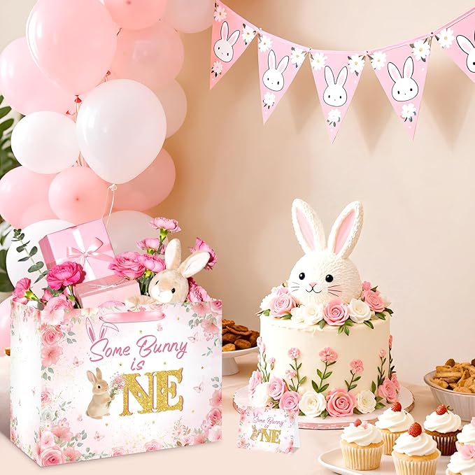 First Birthday Party Decorations for Girls Large Rabbit 1st Birthday Gift Bag Pink Bunny Floral Baby Shower Bag with Handles Tissue Paper Greeting Card for Christmas Some Bunny Is One Party Supplies