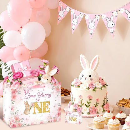 First Birthday Party Decorations for Girls Large Rabbit 1st Birthday Gift Bag Pink Bunny Floral Baby Shower Bag with Handles Tissue Paper Greeting Card for Christmas Some Bunny Is One Party Supplies