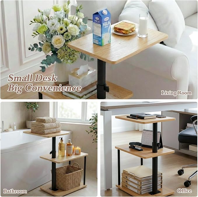 360° Swivel Side Table for Height Adjustable, C Shaped End Table for Couch with Storage, 3-Tier Night Stand with Open Shelf, Tv Tray for Small Spaces, Living Room, Bedroom, Oak
