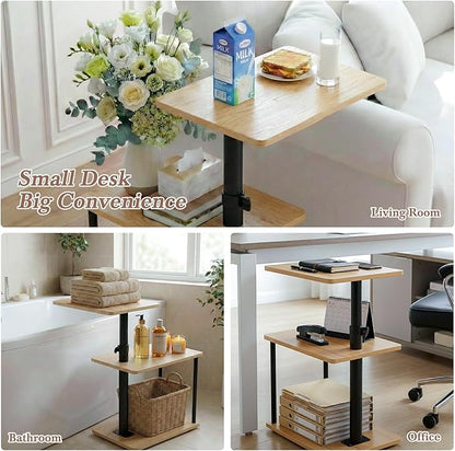 360° Swivel Side Table for Height Adjustable, C Shaped End Table for Couch with Storage, 3-Tier Night Stand with Open Shelf, Tv Tray for Small Spaces, Living Room, Bedroom, Oak