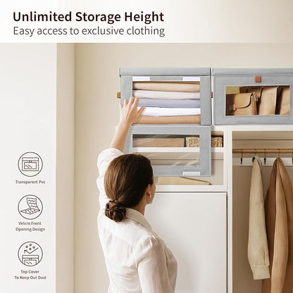 Small Fabric Storage bins - Collapsible Storage Bins with Open Window, 4 Pack Closet Baskets for Shelves, Stackable Decorative Boxes for Home, Dorm, Grey, 13.7"x 9.8" x 9.8"