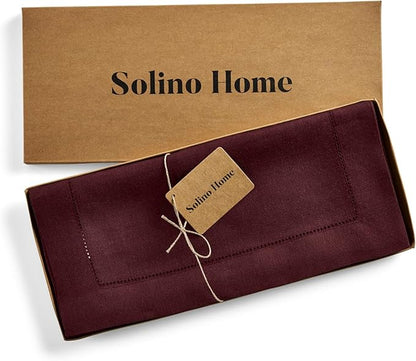 Solino Home Linen Burgundy Table Runner 120 Inches Long - 100% Pure Linen 14 x 120 Inch Table Runner for Fall, Autumn, Christmas, Holiday, Winter, New Year - Classic Hemstitch