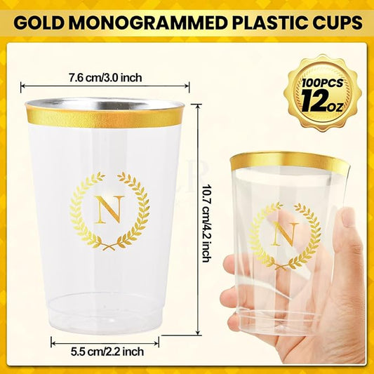 100 Pieces Monogrammed Plastic Cups Gold Foil Letter N Disposable Cups 12 oz Clear Initial Party Cups for Wedding Birthday Baby Shower Personalized Party Drinkware