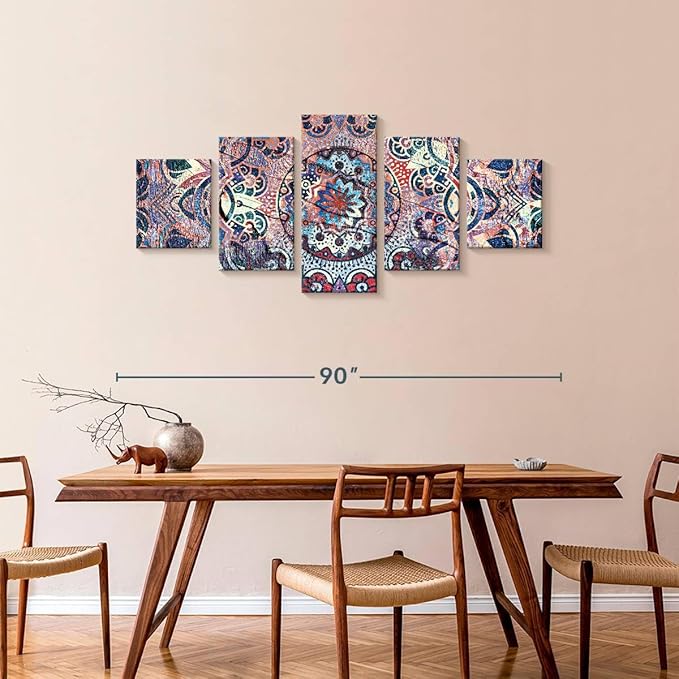 ElephantStock - Mandala Enchantment Wall Art - Horizontal Multi Panel Canvas - 5 Piece Living Room Wall Decor - Digital Art Elements Multi Piece Wall Art - Blue And Beige Decor - 80" x 36"