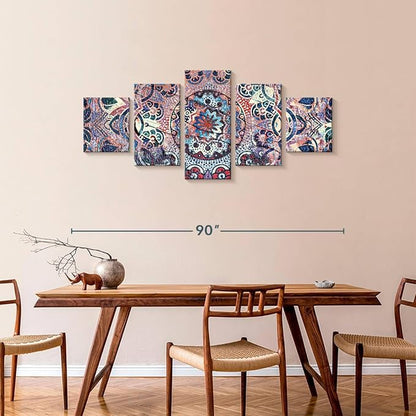 ElephantStock - Mandala Enchantment Wall Art - Horizontal Multi Panel Canvas - 5 Piece Living Room Wall Decor - Digital Art Elements Multi Piece Wall Art - Blue And Beige Decor - 80" x 36"