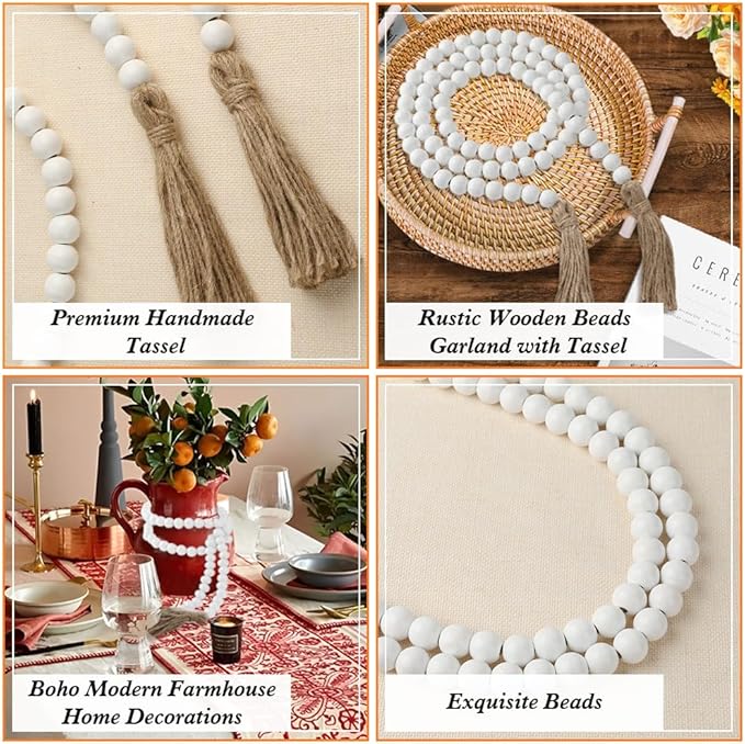 Wood Bead Garland 58 Inch White Wooden Beads for Boho Farmhouse Table Home Decor with Tassel, Wooden Prayer Bead, Rustic Country Boho Wall Hanging Decor for Kitchen Modern Living Room Tray Vase Shelf