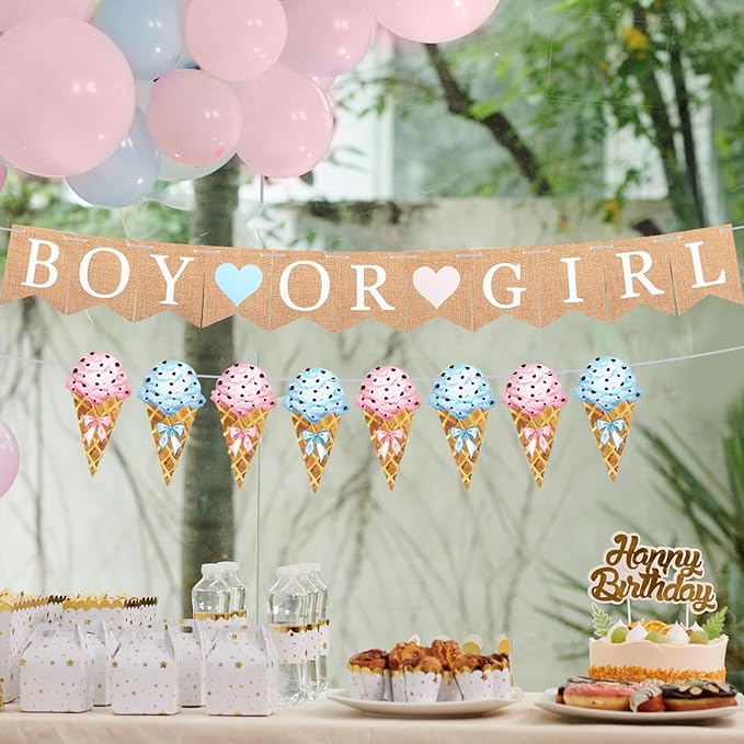 2 Pcs Gender Reveal Party Decorations Pre-strung Boy or Girl Burlap Baby Shower Banner and Ice Cream Cone Banner for Gender Reveal Birthday Baby Shower Party Decorations