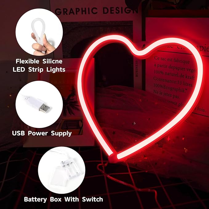 Red Heart Neon Sign, LED Light 3-AA Battery Operated or USB Powered Decorations Lamp, for Girl's Room Dorm Wedding Anniversary Valentine’s Day Mother’s Day Birthday Party Home Décor
