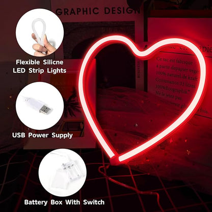 Red Heart Neon Sign, LED Light 3-AA Battery Operated or USB Powered Decorations Lamp, for Girl's Room Dorm Wedding Anniversary Valentine’s Day Mother’s Day Birthday Party Home Décor