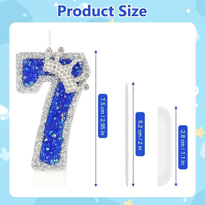 Blue Birthday Candle Crown Number 7 Candle with Sequins Cake Candles Cupcake Decorations Party Decor for Anniversary Celebrations Supplies