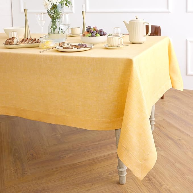 Solino Home Linen Tablecloth 60 x 108 Inch - 100% Pure Linen Chambray Mustard Yellow Table Cloth for Rectangular Tables - Athena, Machine Washable Cloth Tablecloth