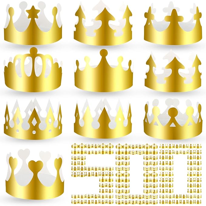 Crtiin 500 Pcs Gold Paper Crowns Birthday Party Bulk for Adults Classroom Students Hat Supplies Favors (Various Style)