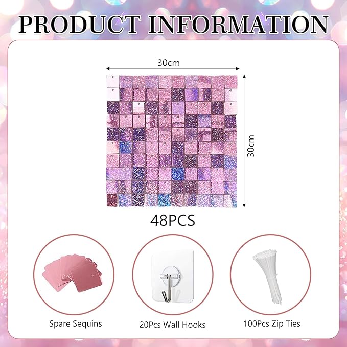 48 PCS Light Pink Shimmer Wall Backdrop, Laser Square Sequin Photo Backdrops Panel, Glitter Wall Background for Birthdays, Weddings, Halloween, Engagements, Disco Bachelorette Party Decoration (6x8FT)
