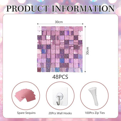 48 PCS Light Pink Shimmer Wall Backdrop, Laser Square Sequin Photo Backdrops Panel, Glitter Wall Background for Birthdays, Weddings, Halloween, Engagements, Disco Bachelorette Party Decoration (6x8FT)