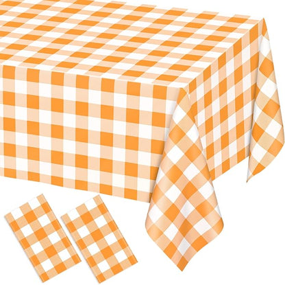 WNINK 2 Pack Orange and White Checkered Rectangular Plastic Tablecloths, Orange Gingham Waterproof Disposable Table Covers 54" x 108" for Birthday, Wedding, Outdoor Picnic Camping Parties