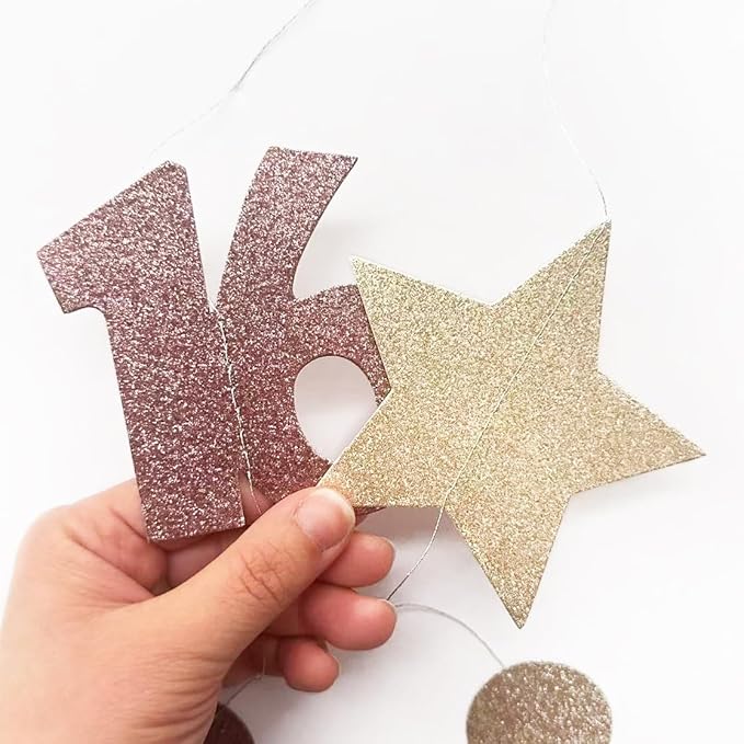 Champagne Gold Brown 16th Birthday Decorations Number 16 Circle Dot Star Garland Streamer Banner Backdrop for Girls Boys Sweet Sixteen Cheers to 16 Years Old Happy 16th Birthday Party Supplies