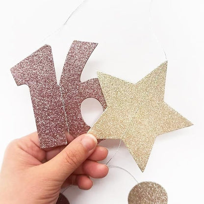 Champagne Gold Brown 16th Birthday Decorations Number 16 Circle Dot Star Garland Streamer Banner Backdrop for Girls Boys Sweet Sixteen Cheers to 16 Years Old Happy 16th Birthday Party Supplies