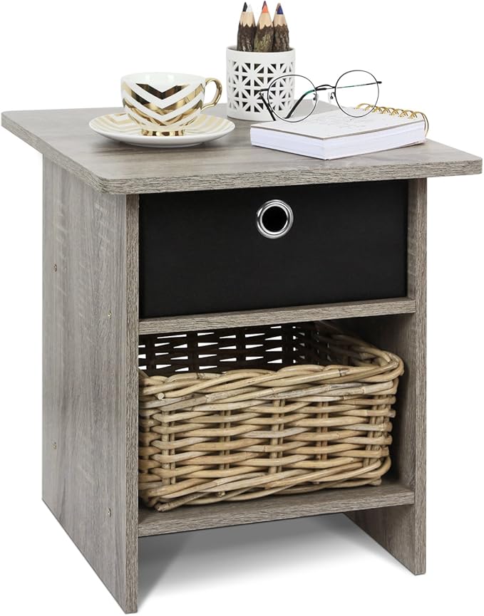 Furinno Dario End Table / Side Table / Night Stand / Bedside Table with Bin Drawer, 2-Pack, French Oak Grey/Black