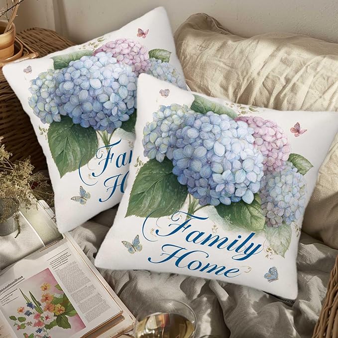 Hydrangea Throw Pillow Covers Set of 2 | 18x18 Inches Cushion Cases for Couch, Sofa, Bedroom and Living Room | Floral Pillowcases for Home Decoration