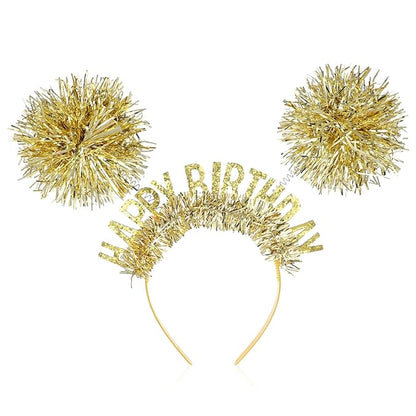 Birthday Crown for Girls and Women, Pom Pom Headband Happy Birthday Tiara Hair Headband Accessories for Adults Kids(Gold)
