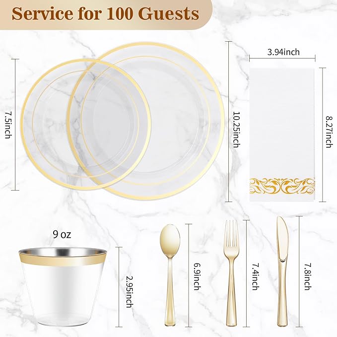BESTVIP 700PCS Clear Gold Disposable Dinnerware Set for 100 Guests, Plastic Plates for Party, Wedding, Christmas, Halloween, Include: 200 Plastic Plates, 100 Gold Silverware, 100 Cups, 100 Napkins