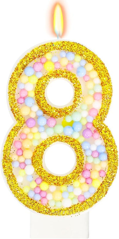 8th Birthday Candle for Cake, Colorful Macaron Numeral Candles for Girls/Boys, Birthday Party Cake Decorations, Golden Cake Topper for Birthday Party Supplies (Number 8)