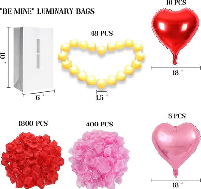Be Mine Lighted Letters Sign 6pcs Luminary Paper Bags 2000pcs Red Pink Artificial Rose Petals 48pcs Flameless LED Candle Tealight 10pcs Heart Balloons Romantic Night Valentine's Day Decorations