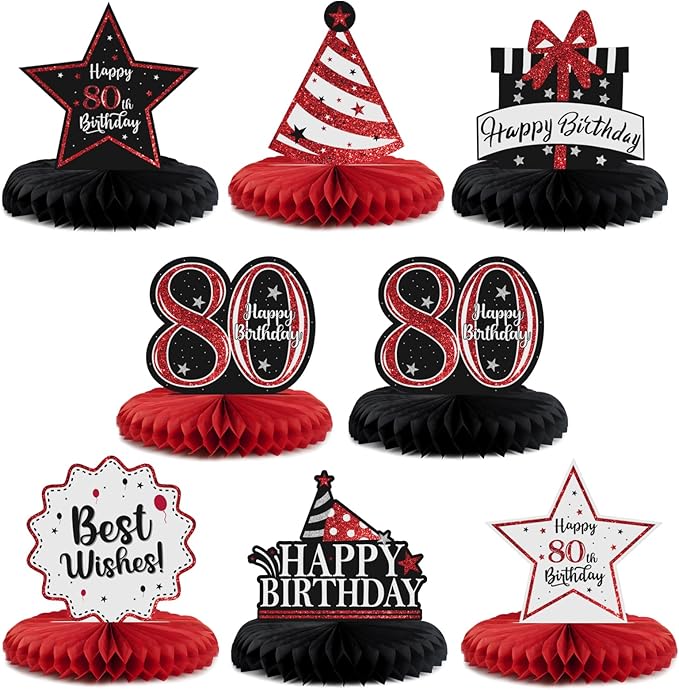 Happy 80th Birthday Decorations,80th Bday Red Glitter Shiny Stand Honeycomb Table Centerpieces - Cheers to Eighty Years Old Birthday Party Photoprop Gift Sign.