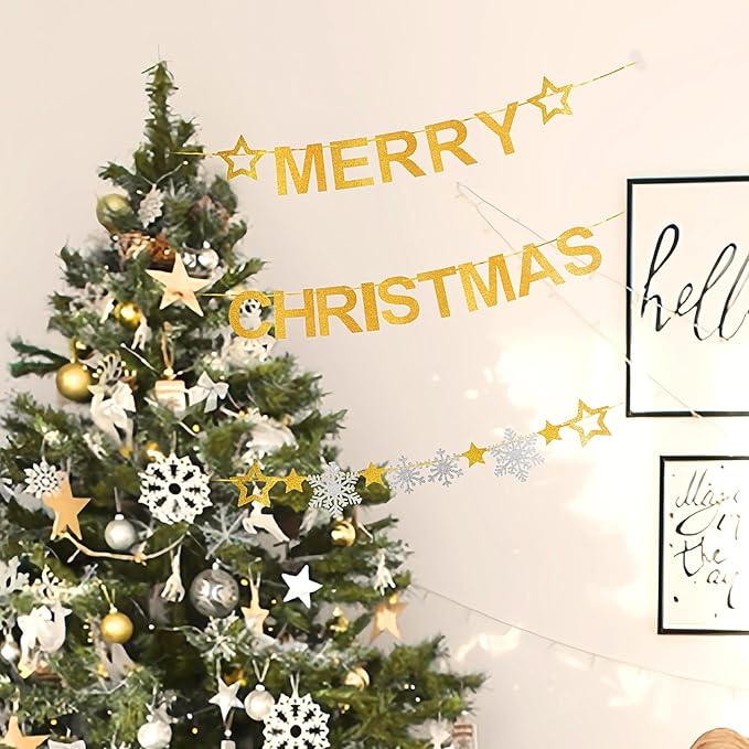 Totelux Merry Christmas Banners Decoration Glitter Star Snowflakes Sign Gold Silver Christmas Hanging Banner for Wall Home Office Holiday Party Decor Supplies