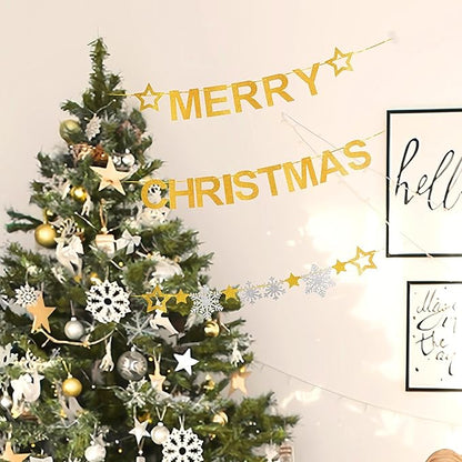 Totelux Merry Christmas Banners Decoration Glitter Star Snowflakes Sign Gold Silver Christmas Hanging Banner for Wall Home Office Holiday Party Decor Supplies