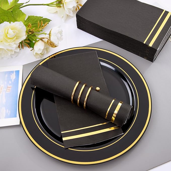 BUCLA 100-Count 3-Ply Black and Gold Napkins - Black Paper Dinner Napkins Disposable Premium Quality, Disposable Soft, Absorbent for Party, Wedding, Kitchen&New Year