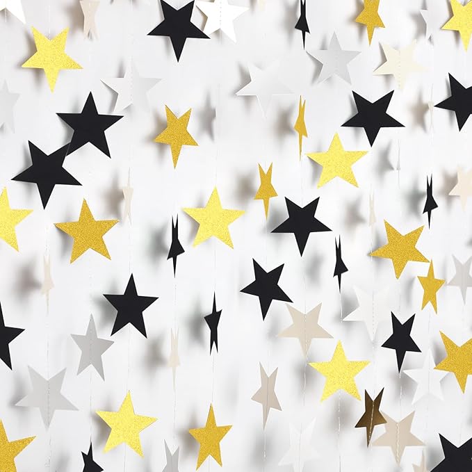 Patelai Glitter Star Garland Banner Christmas Decor 130 Feet Star Hanging Bunting Banner Twinkle Backdrop for Homecoming Classroom Wedding Birthday Halloween Party Supplies(Silver Gold Black)