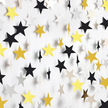 Patelai Glitter Star Garland Banner Christmas Decor 130 Feet Star Hanging Bunting Banner Twinkle Backdrop for Homecoming Classroom Wedding Birthday Halloween Party Supplies(Silver Gold Black)