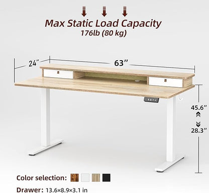 TIQLAB Standing Desk with Two Drawers, Stand Up Standing Desk Adjustable Height, Electric Sit Stand Table with Storage Shelf and Splice Board, 63 * 24 inch, Maple