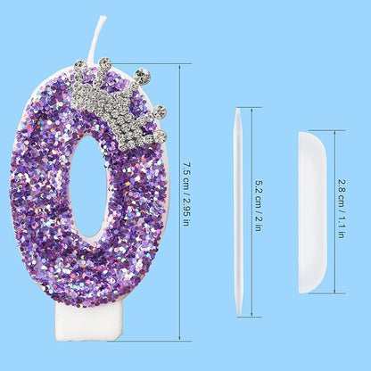Birthday Number Candles,Purple Crown Birthday Candles for Cake,Glitter Number 0 Candle Cake Topper with Sequins for Anniversary Celebrations Supplies (Number 0)