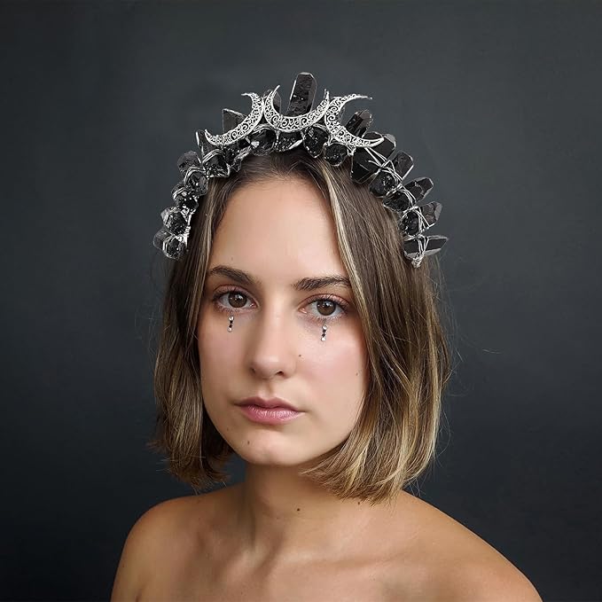 Black Natural Crystal Tiara Headband, Quartz Rhinestone Crown Goddess Halloween Masquerade Party Headwear for Women Girls