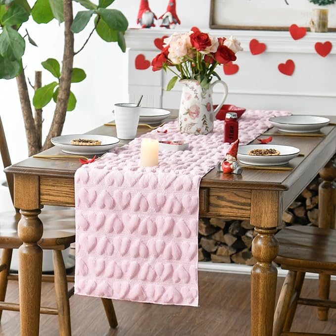 Artoid Mode Pink Soft Plush Faux Fur Jacquard Heart Valentine's Day Table Runner, Seasonal Kitchen Dining Table Decoration for Home Party Decor 13x72 Inch