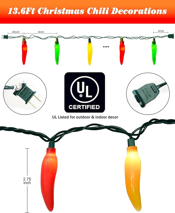Christmas Chili Pepper Lights Multicolor, 13.6FT Chili Lights with 35 Red Green Yellow Chili Pepper Bulbs for Outdoor Indoor Kitchen Garden Patio Christmas Mexican Party Decor