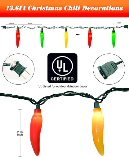 Christmas Chili Pepper Lights Multicolor, 13.6FT Chili Lights with 35 Red Green Yellow Chili Pepper Bulbs for Outdoor Indoor Kitchen Garden Patio Christmas Mexican Party Decor