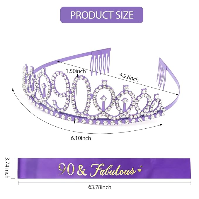 CIEHER 90th Birthday Crown + 90 & Fabulous Birthday Sash, Purple 90th Birthday Decorations for Women, 90th Birthday Gifts for Women, Happy 90th Birthday Cake Topper Purple