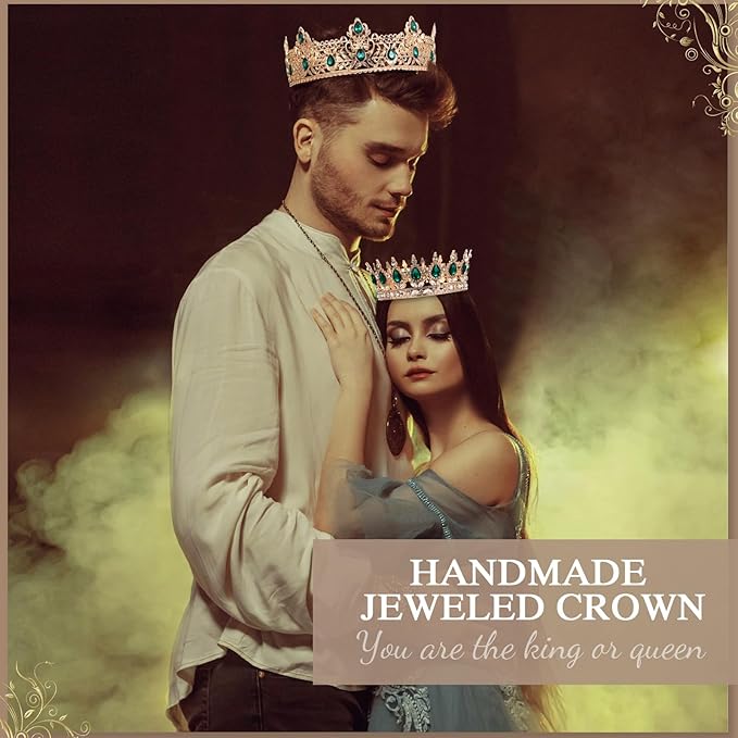 MTLEE 2 Pcs Prom King and Queen Crowns for Men Women King Queen Crowns Tiara with Rhinestone for Wedding Birthday Grad(Green Gold, Green Style)