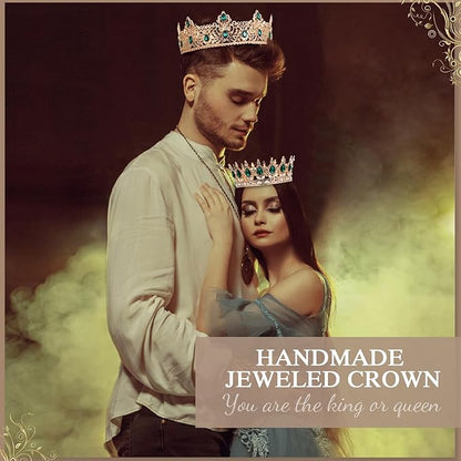 MTLEE 2 Pcs Prom King and Queen Crowns for Men Women King Queen Crowns Tiara with Rhinestone for Wedding Birthday Grad(Green Gold, Green Style)