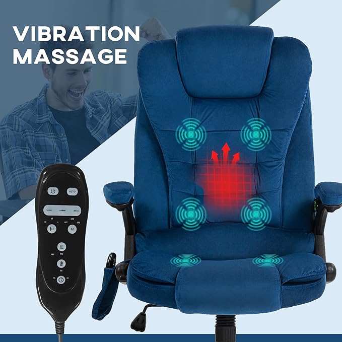HOMCOM Executive Office Chair with 6 Points Vibration Massage and Heated Lumbar Support, Velvet High Back Computer Chair with Reclining Backrest, Tilt Function and Padded Armrests, Drak Blue