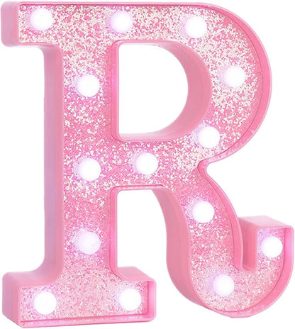 Pink LED Marquee Light Up Letters, Glitter Alphabet Letter Lights for Birthday Party Decorations, Battery Operated Letter Signs for Girls Room Table Decor, Pink letter R with Cool White Lights