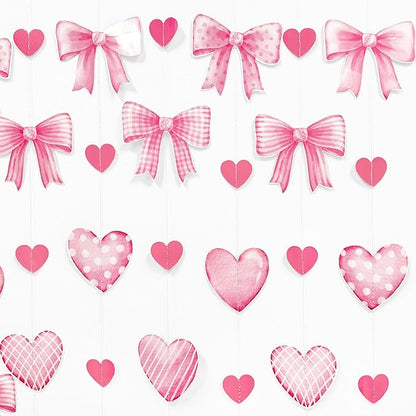 Pink Bow Decorations Pink Heart Plaid Twill Polka Dot Bow Hanging Streamer Garland Banner for Birthday Baby Shower Bridal Shower Wedding Anniversary Bachelorette Coquette Party Decorations Supplies