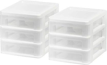 IRIS USA Plastic Stacking Desk Top 3-Drawer Storage Organizer, 2-Pack, for Makep Vanity Nail Polish Bathroom Stationery Art Craft Supplies Kitchen Office Garage and Small Organization, Small, White