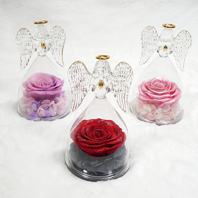 Miofula Preserved Flower Rose Birthday Gifts for Mom, Angels Figurines with Forever Real Rose Gifts for Women Mom Grandma, Angels Gifts for Valentines Anniversary (Red Starry Sky)