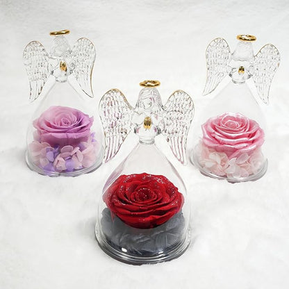 Miofula Preserved Flower Rose Birthday Gifts for Mom, Angels Figurines with Forever Real Rose Gifts for Women Mom Grandma, Angels Gifts for Valentines Anniversary (Red Starry Sky)