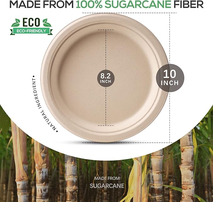 Gezond 100% Compostable Plates, Paper Plates 10 Inch 125 Pack Disposable Heavy-duty Plate Biodegradable Sugarcane Bagasse Plate for Party Picnic (Natural)